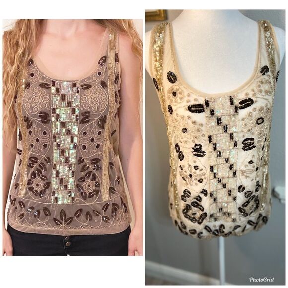 ANDERSEN & Lauth~Hand BEADED Tank Top Designer Iridescent Sequins Beads small - Picture 1 of 16